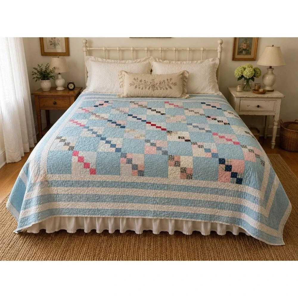 Vintage Hand Quilted Patchwork Quilt Full Blue Pink Cottage Farmhouse Cotton
